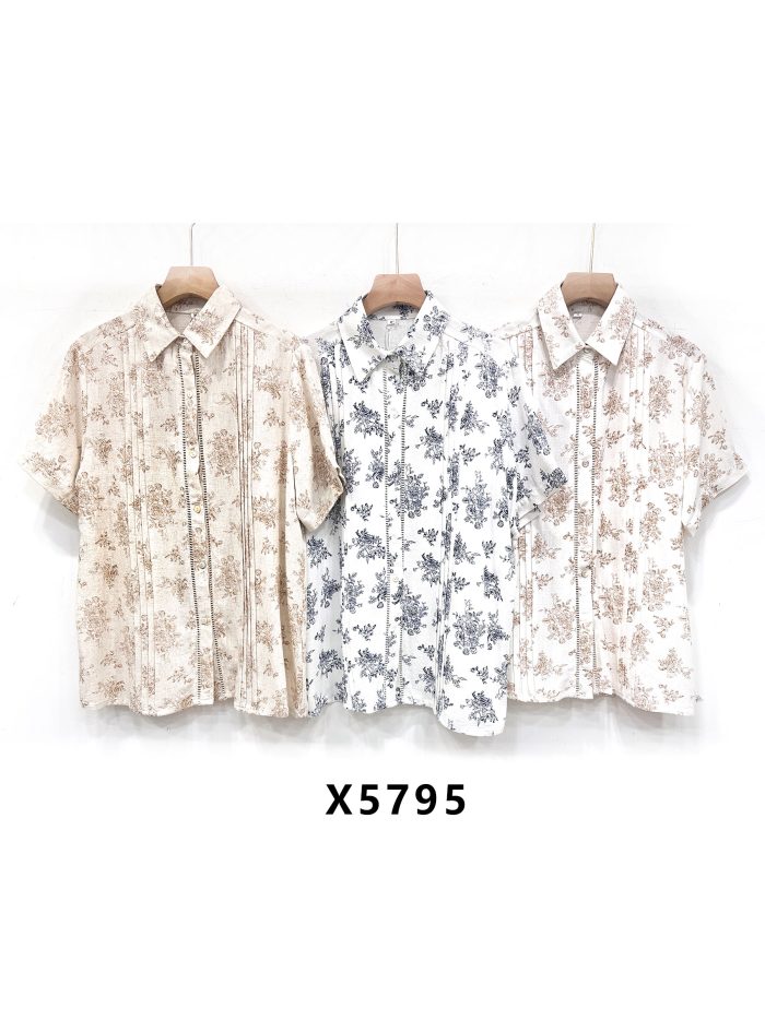 Camisa efecto lino estampada con pliegues