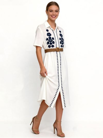 Vestido camisero bordado con cinturón