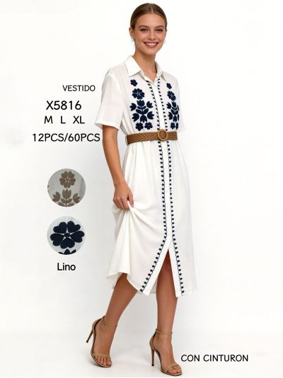 Vestido camisero bordado con cinturón 2