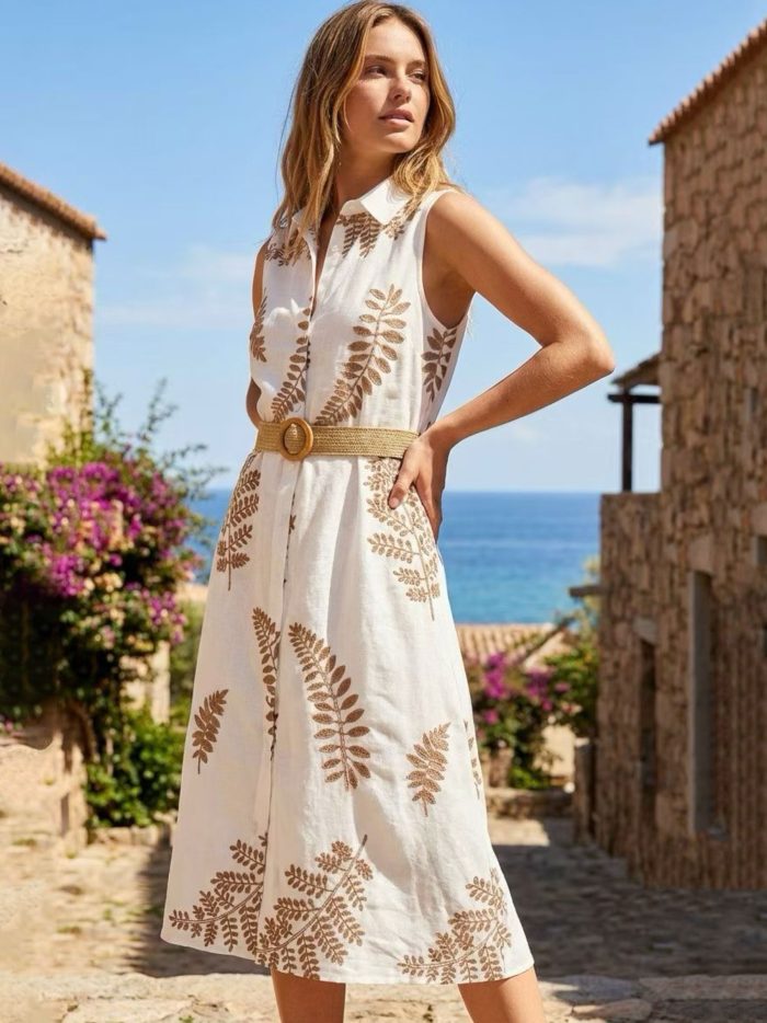 Vestido camisero sin mangas bordado hojas con cinturón