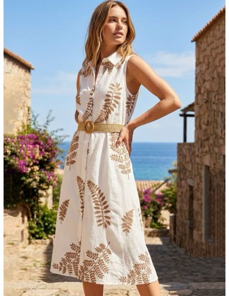 Vestido camisero sin mangas bordado hojas con cinturón