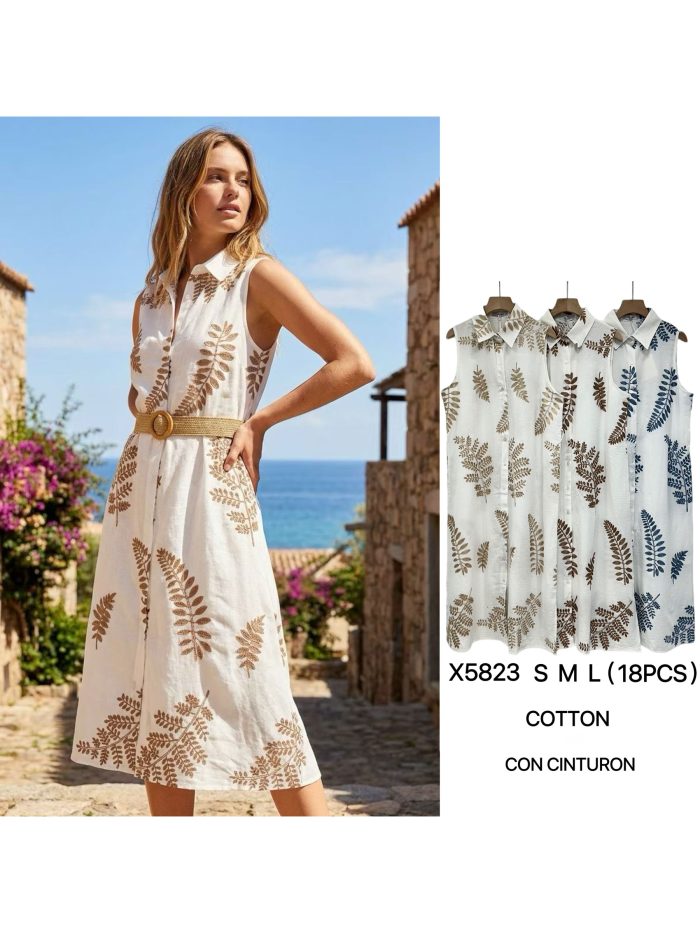 Vestido camisero sin mangas bordado hojas con cinturón