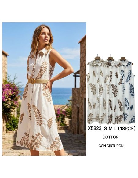 Vestido camisero sin mangas bordado hojas con cinturón