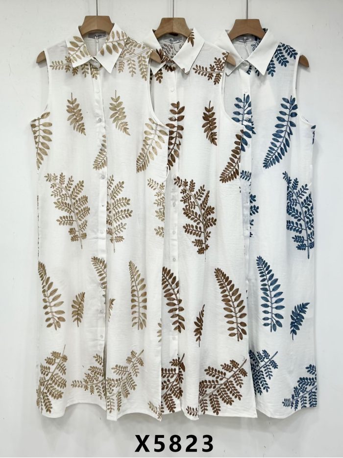 Vestido camisero sin mangas bordado hojas con cinturón