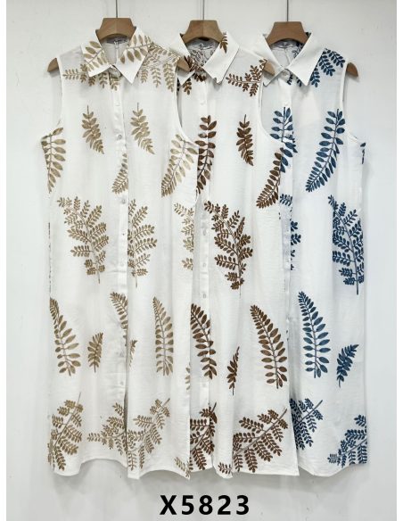 Vestido camisero sin mangas bordado hojas con cinturón