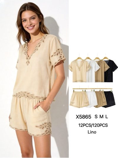 Ensemble effet lin brodé avec détails ajourés : blouse et short 2