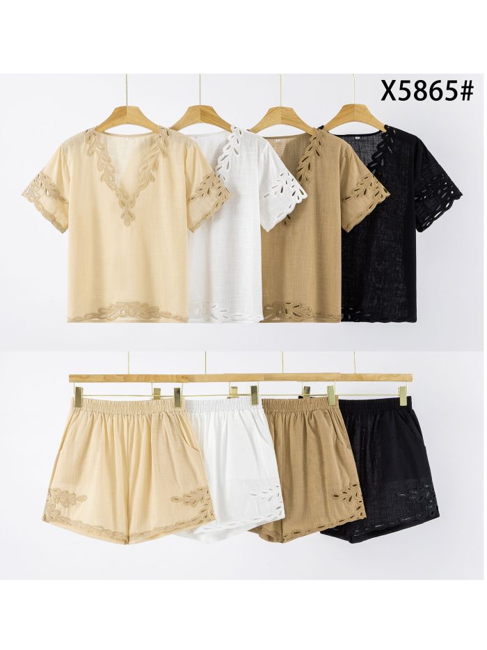 Ensemble effet lin brodé avec détails ajourés : blouse et short