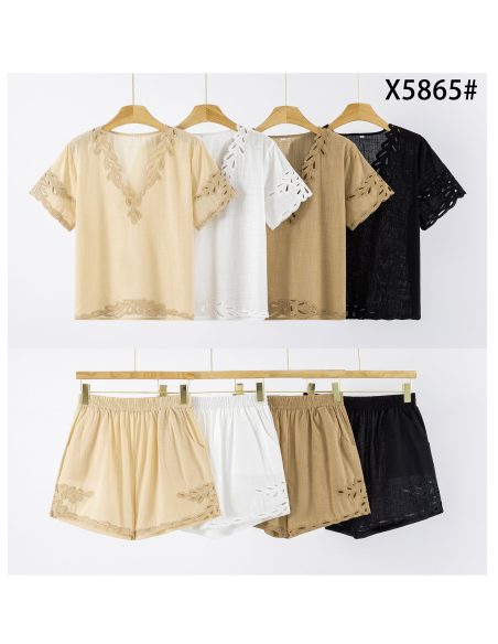 Ensemble effet lin brodé avec détails ajourés : blouse et short