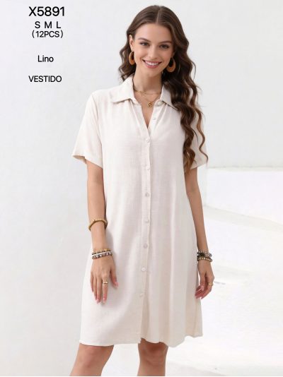 Vestido camisero corto efecto lino 2