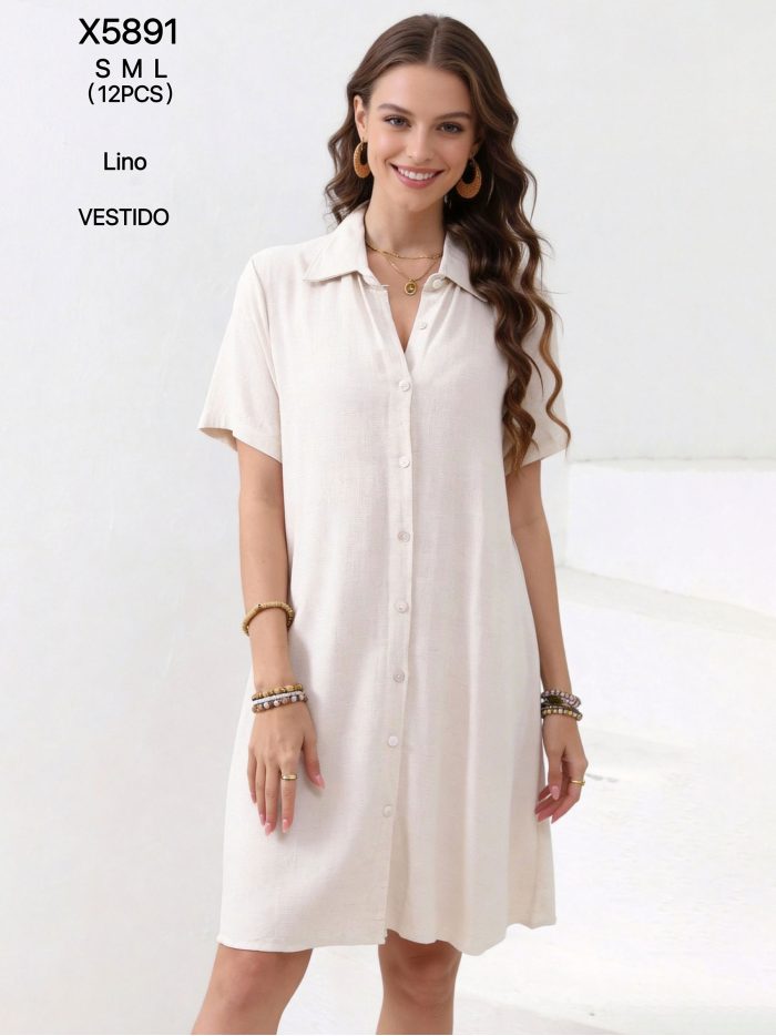 Vestido camisero corto efecto lino