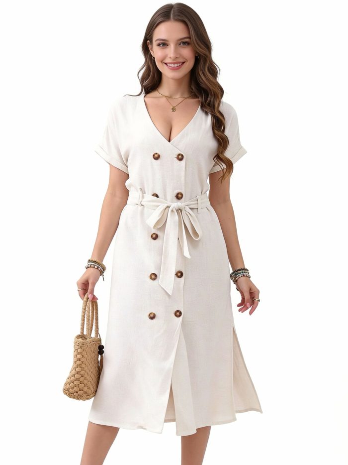 Vestido midi efecto lino con botones y cinturón
