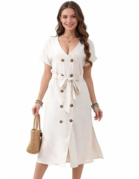 Vestido midi efecto lino con botones y cinturón