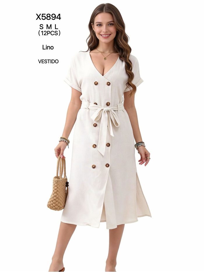Vestido midi efecto lino con botones y cinturón