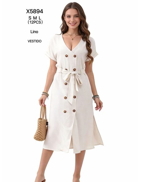 Vestido midi efecto lino con botones y cinturón