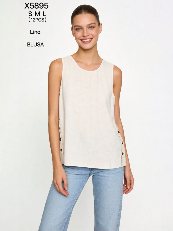 Blusa efecto lino sin mangas con botones laterales