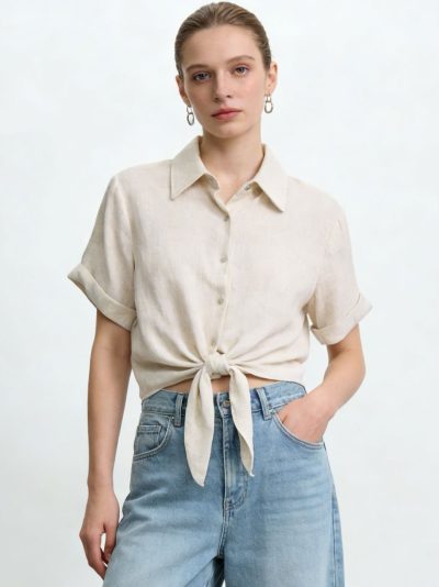 Camisa efecto lino con nudo delantero