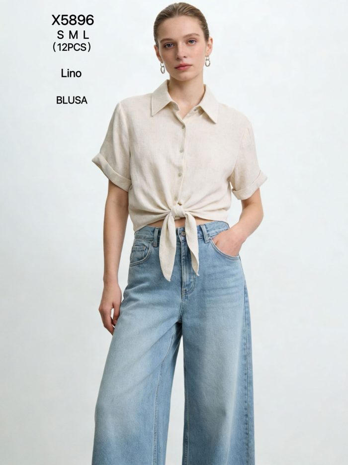 Camicia effetto lino con nodo frontale