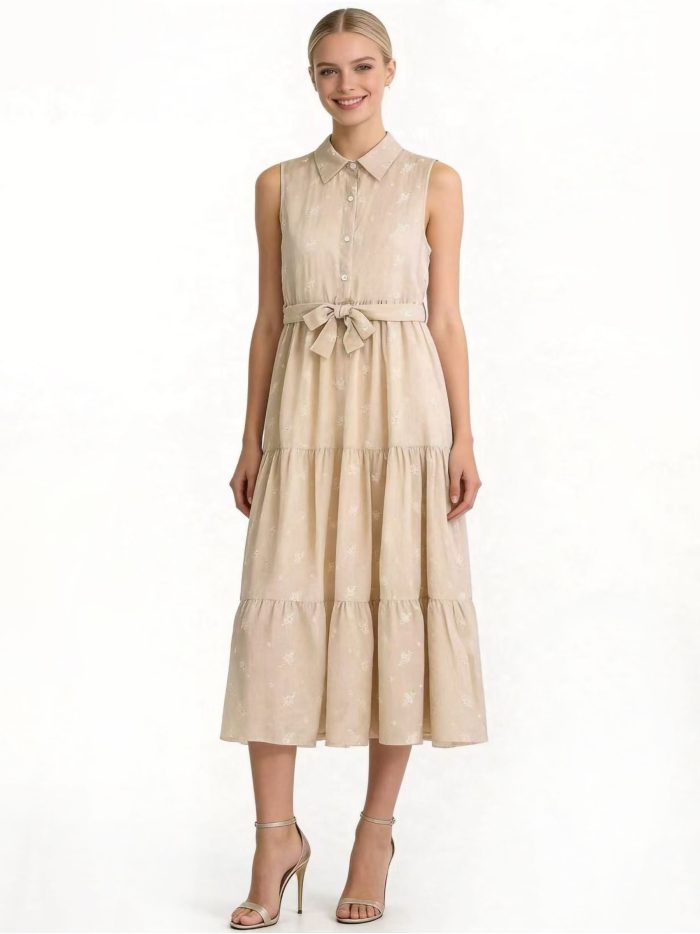 Vestido camisero midi bordado con cinturón