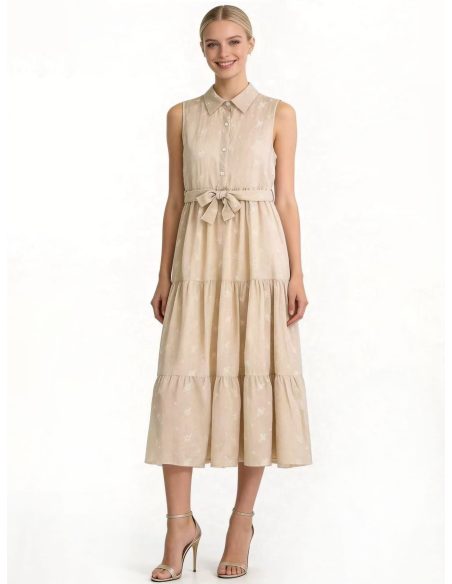 Vestido camisero midi bordado con cinturón