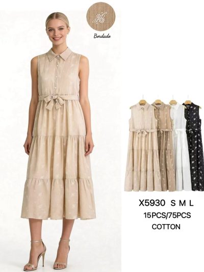 Vestido camisero midi bordado con cinturón 2