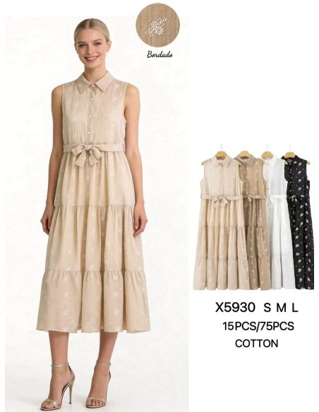 Vestido camisero midi bordado con cinturón