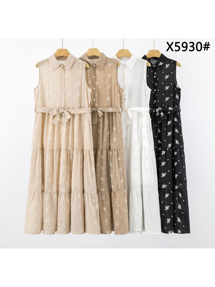 Vestido camisero midi bordado con cinturón