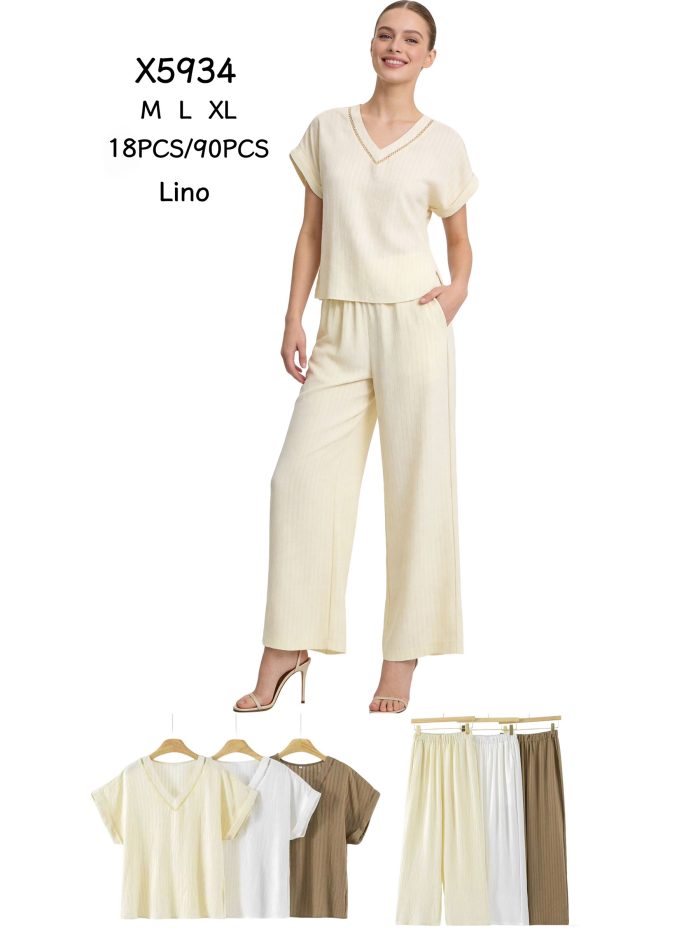 Conjunto com efeito linho: blusa com decote em V e calça