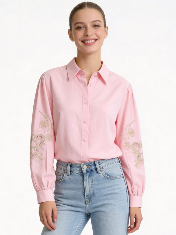 Cotton shirt with embroidered sleeves