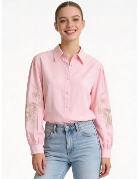 Cotton shirt with embroidered sleeves