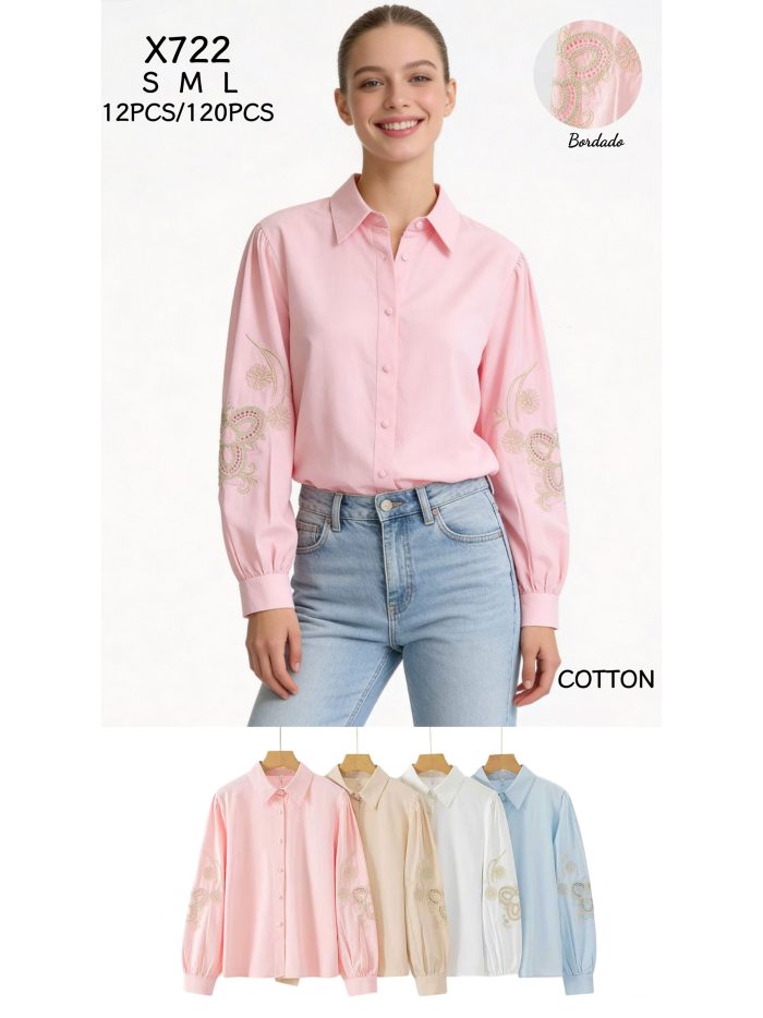 Cotton shirt with embroidered sleeves