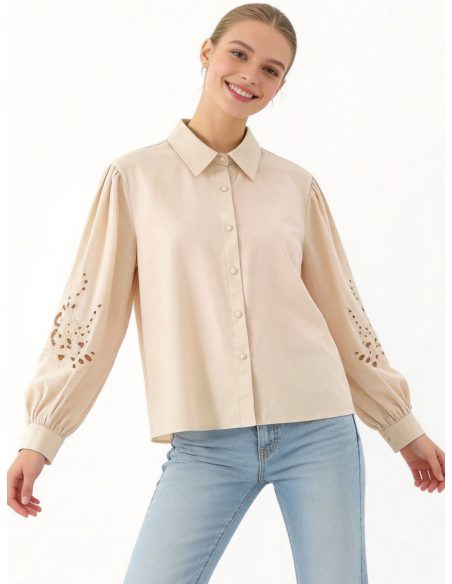 Camisa de algodón con manga abullonada calada