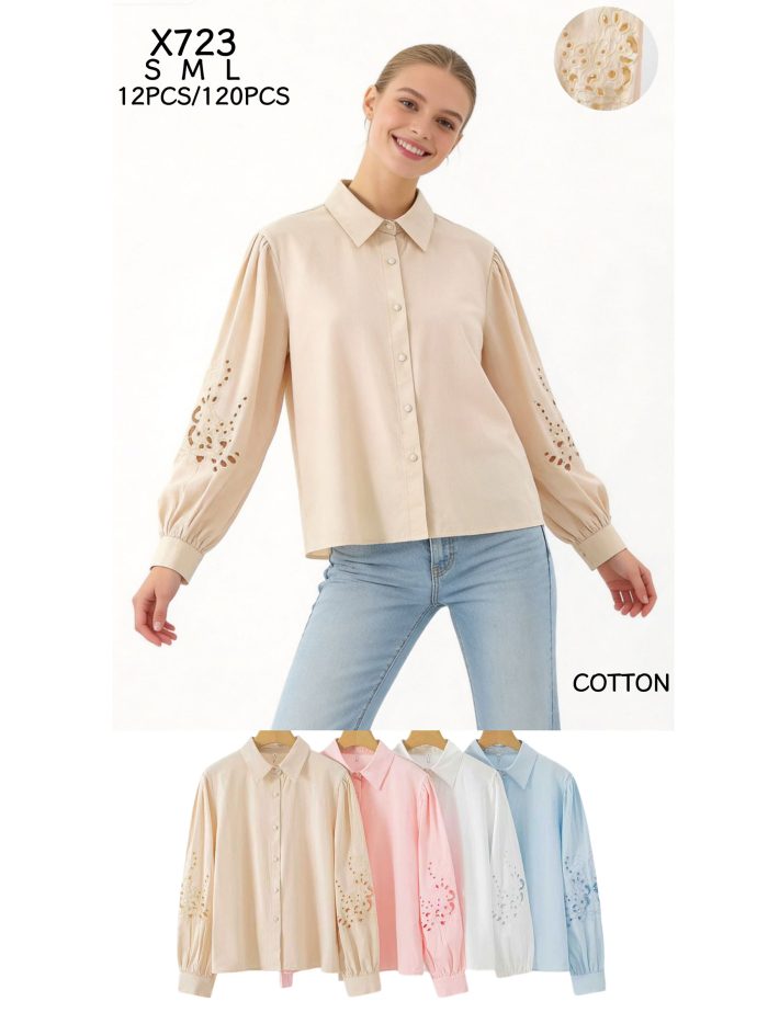 Camisa de algodón con manga abullonada calada