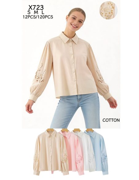 Camisa de algodón con manga abullonada calada