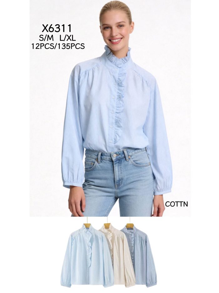 Chemise en coton à col montant et volant