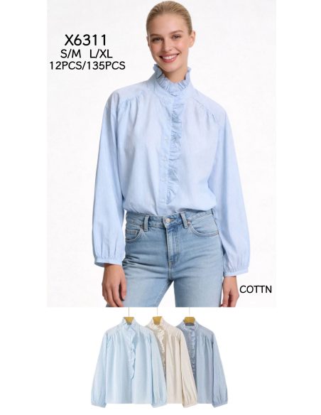 Chemise en coton à col montant et volant