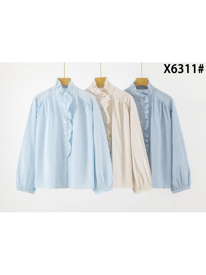 Chemise en coton à col montant et volant