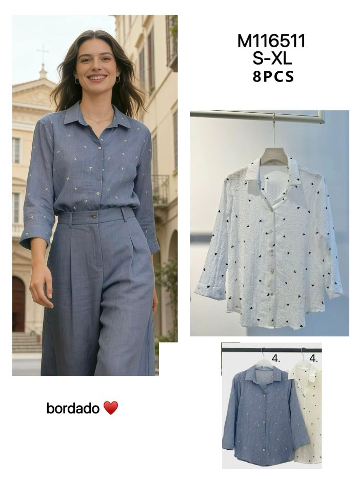 Chemise brodée cœurs manches 3/4 | LS-M116511