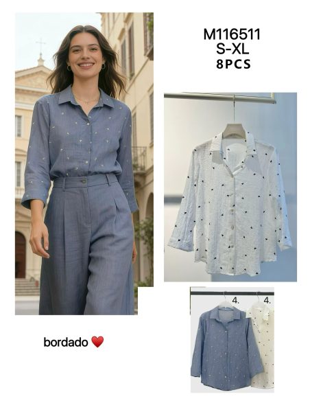 Chemise brodée cœurs manches 3/4 | LS-M116511