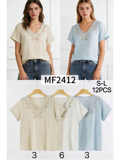 Blusa bordada efecto lino cuello pico 2