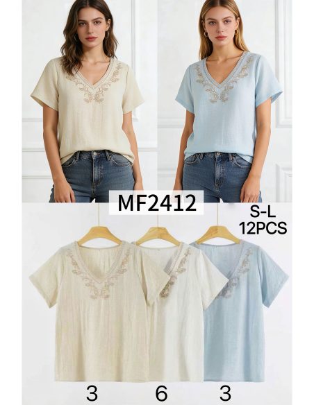 Blusa bordada efecto lino cuello pico