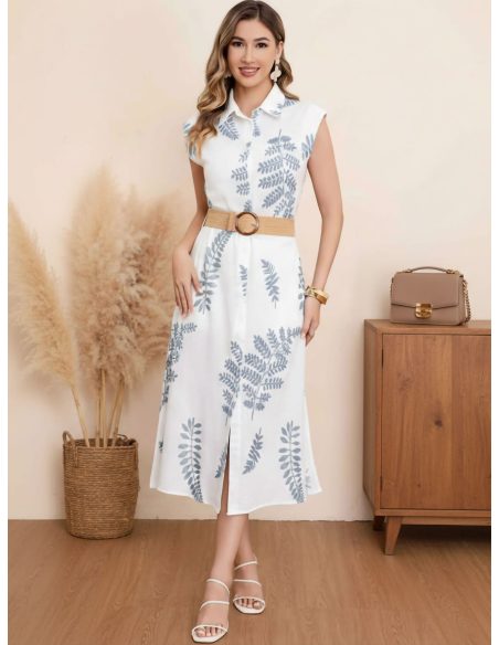 Vestido camisero midi bordado hojas con cinturón
