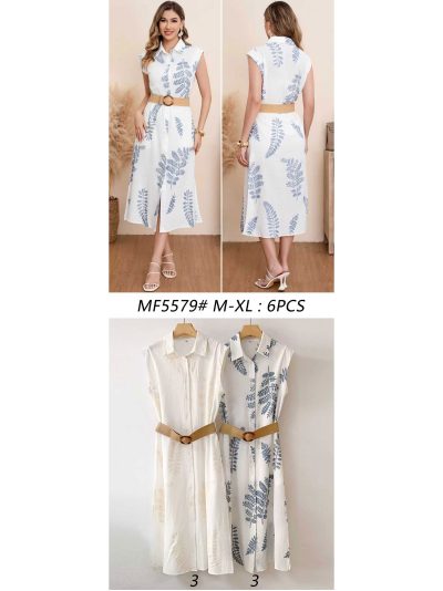 Vestido camisero midi bordado hojas con cinturón 2