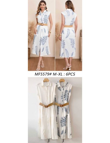 Vestido camisero midi bordado hojas con cinturón