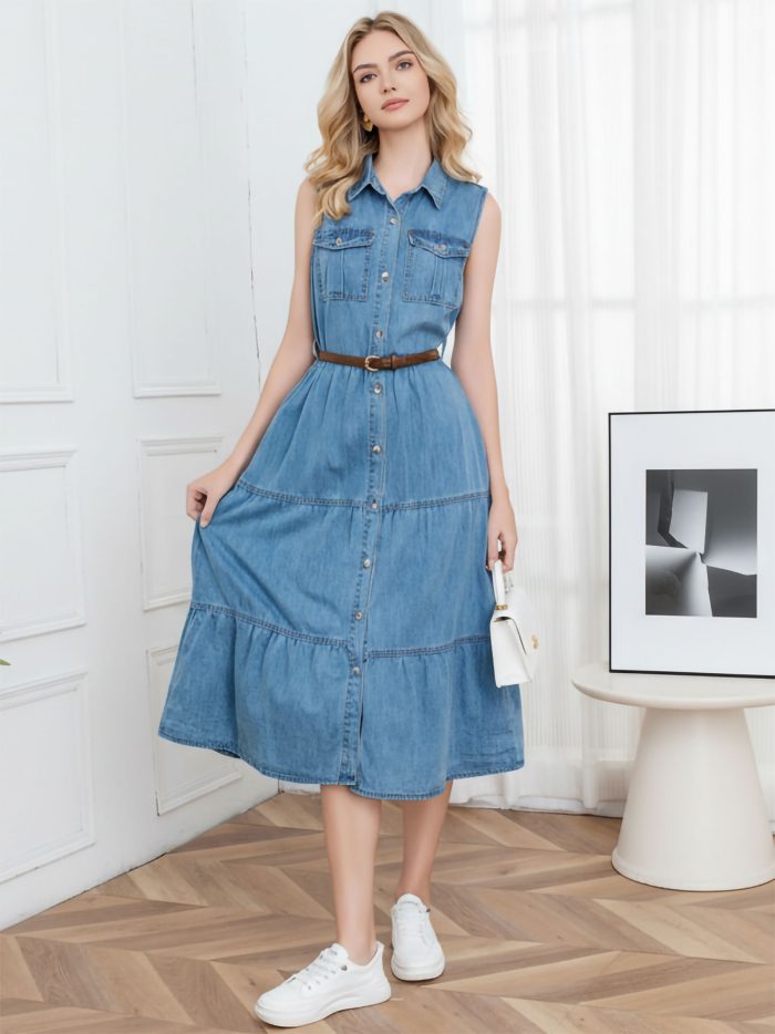 Vestido denim largo sin mangas con cinturón