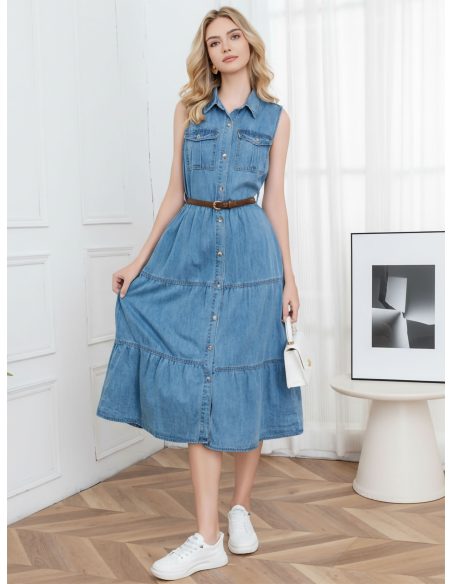 Vestido denim largo sin mangas con cinturón