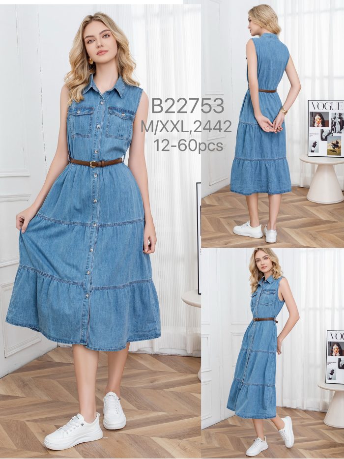Vestido denim largo sin mangas con cinturón
