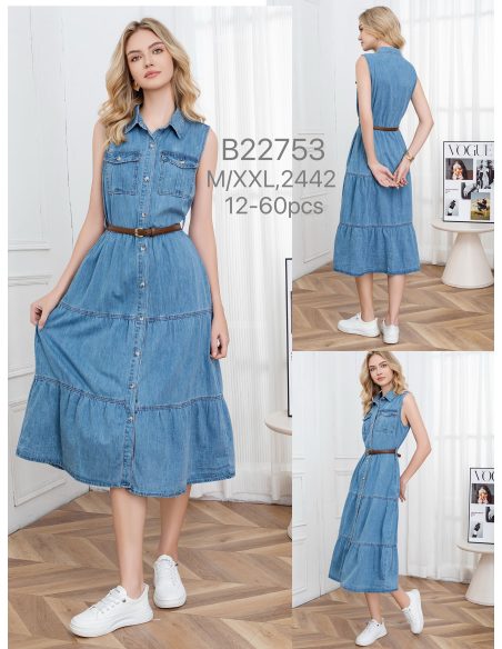 Vestido denim largo sin mangas con cinturón