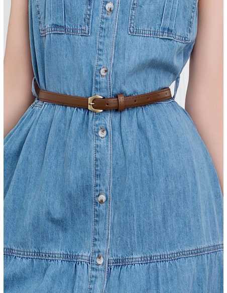 Vestido denim largo sin mangas con cinturón