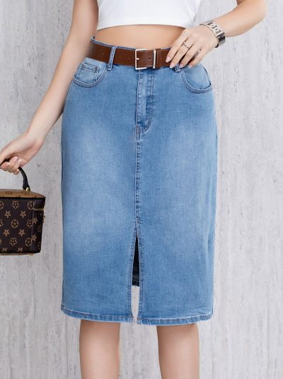 Falda denim midi cinturón con abertura frontal