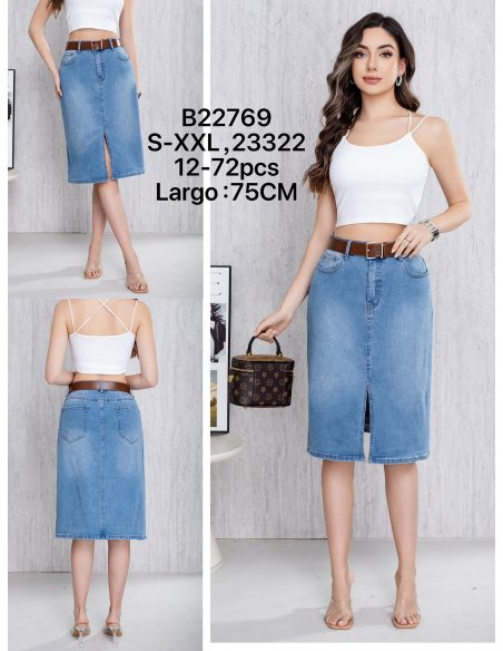 Falda denim midi cinturón con abertura frontal